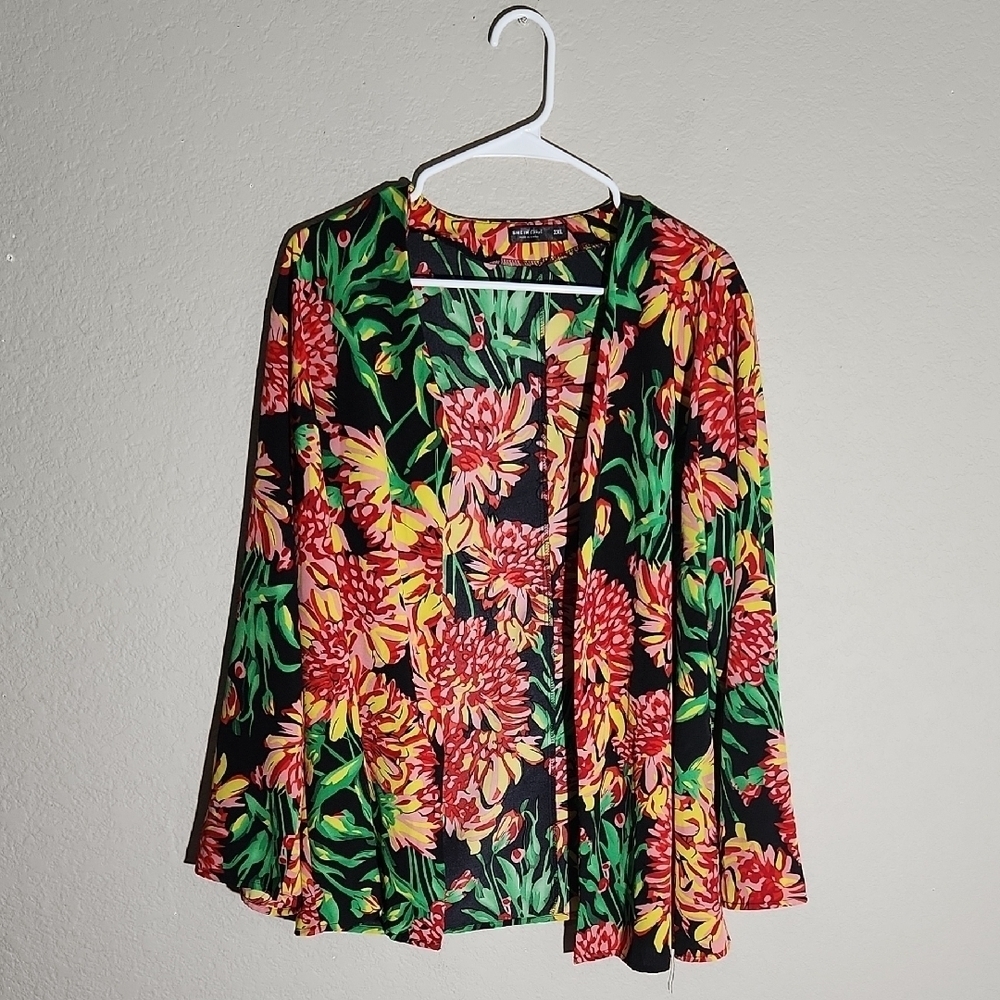 Floral Kimono Jacket 2XL Red Black